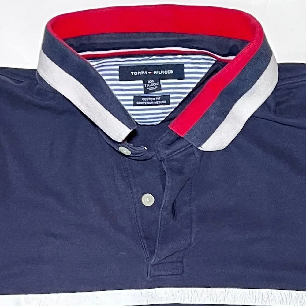 TOMMY HILFIGER Retro Vintage Inspired Logo Graphic Polo 1985 Red White Blue XXL